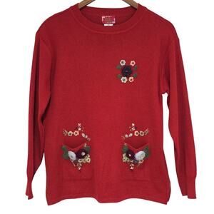 VTG Women Sz M Red Sweater 80s 90s Floral Beads Embroidered Wool Blend Crew Neck